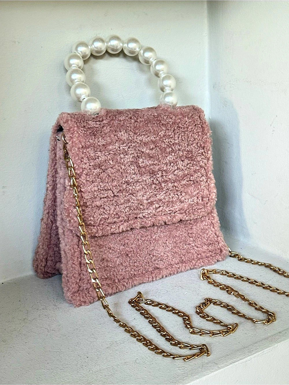 NWT Pink Haley Faux Fur Pearl Handle Shoulder Bag